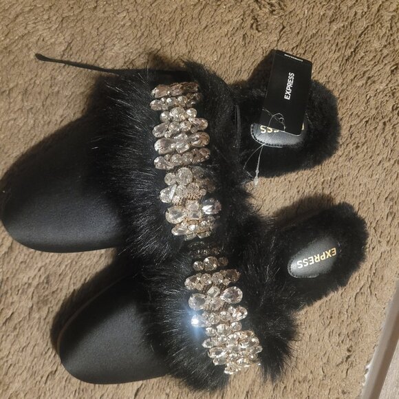 EXPRESS Faux Fur & Rhinestone Slide Slippers - Picture 1 of 3